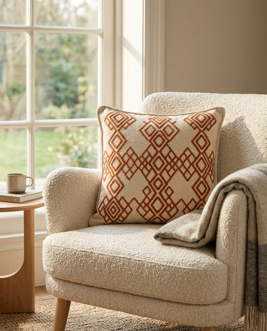 A woven cushion on a boucle armchair