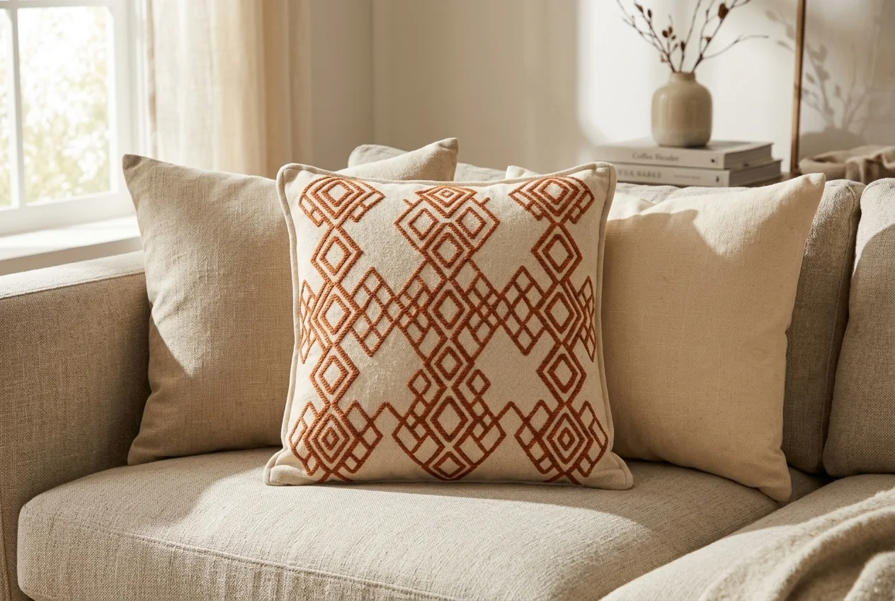 A cushion styled on a linen sofa