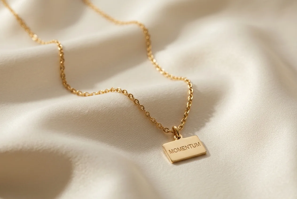 A gold necklace arranged on folded ivory silk