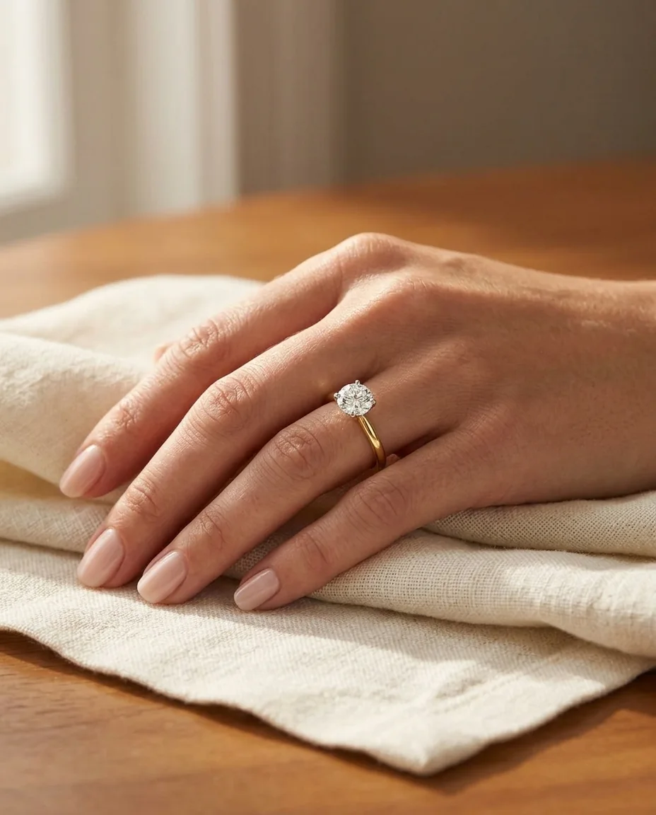 A gold solitaire ring worn on a hand