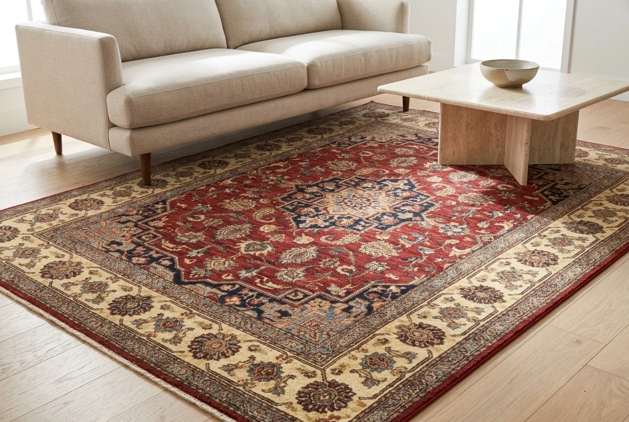 A hand-knotted rug photographed in a styled living room