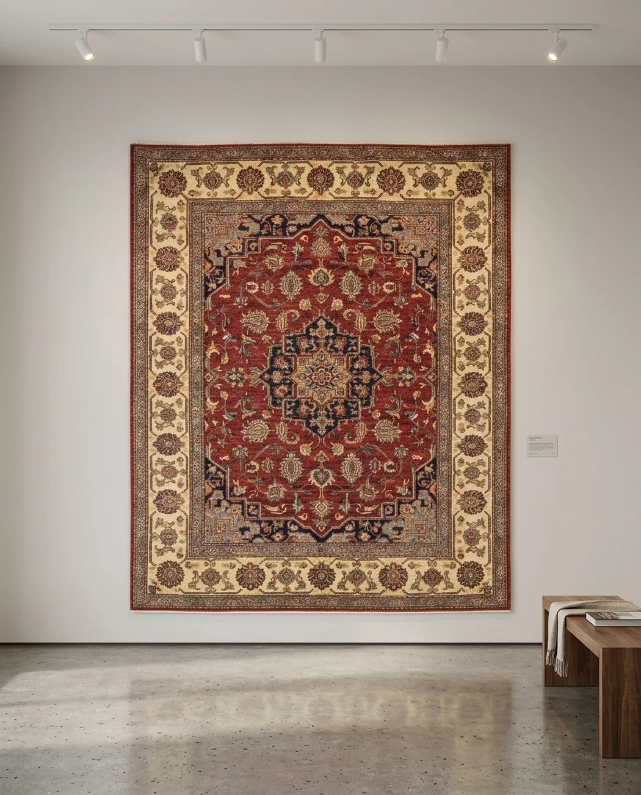 The same rug hung flat on a gallery wall