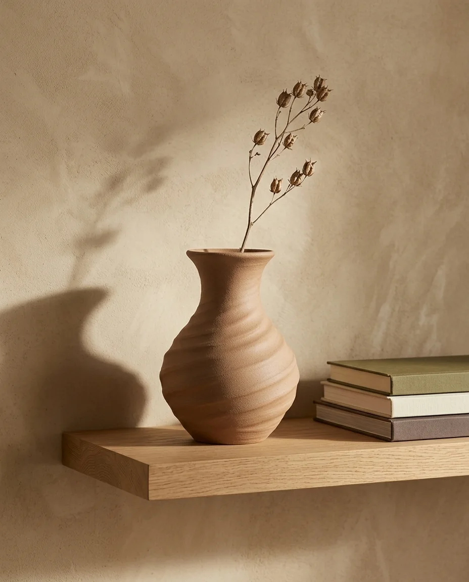 A ceramic vase styled on an oak shelf